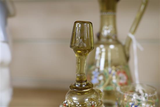 Two Bohemian enamelled glass liqueur jugs and four hock style liqueurs ewer 26cm